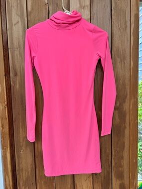 Hot Miami Styles Neon Pink Long Sleeve Turtleneck Bodycon Dress